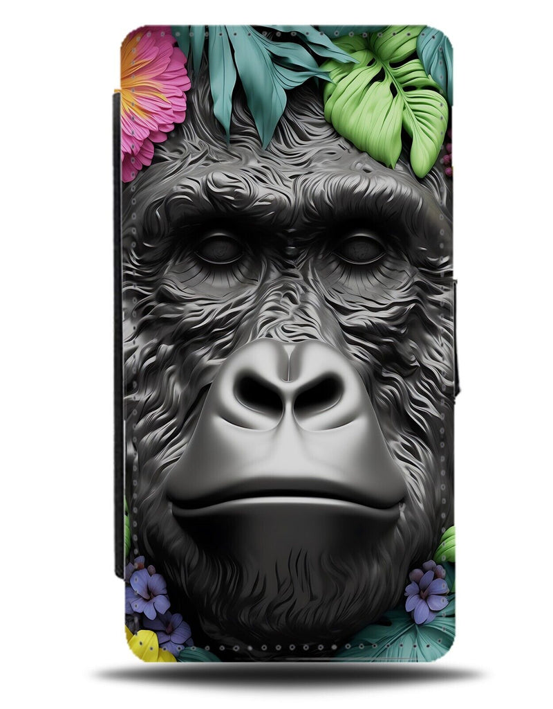 Wld Gorilla Face Flip Wallet Case Gorillas Ape Monkey Flowers Floral Black DD38