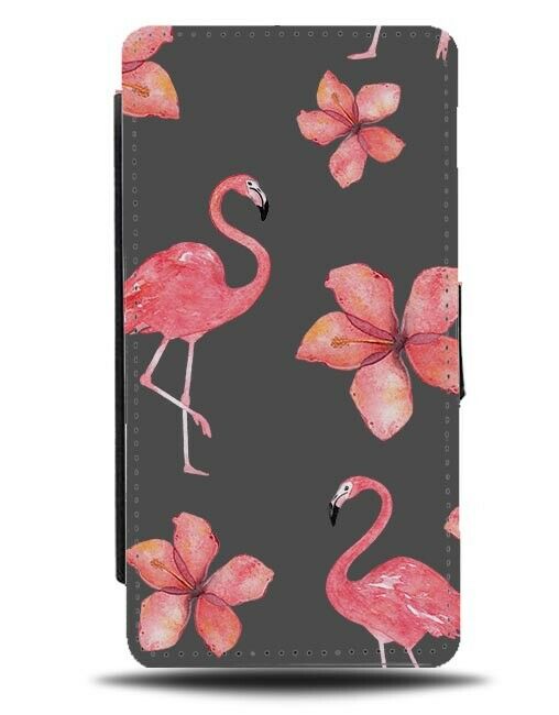 Dark Grey and Bright Pink Flamingo and Flowers Flip Wallet Case Floral F167