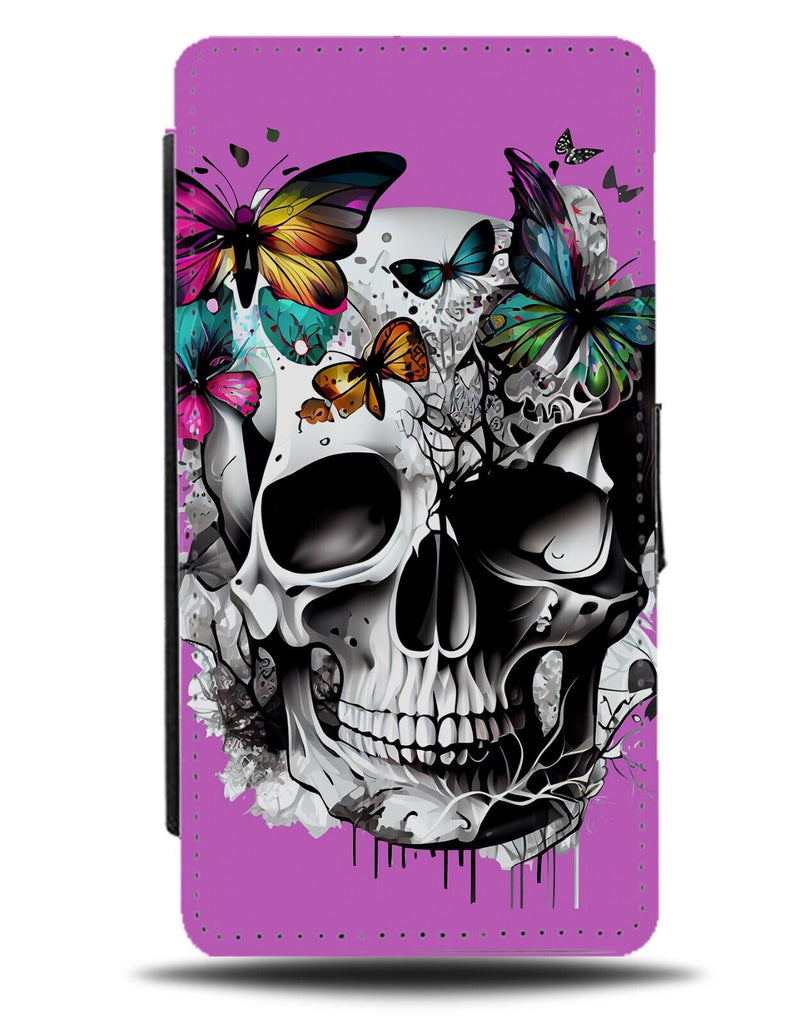 Retro Lilac Skull with Butterflies Flip Wallet Case Butterfly Violet Colour BA86