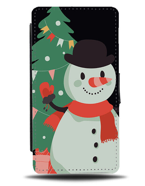 Christmas Tree and Happy Snowman Flip Wallet Case Snowmans Trees Picture N788