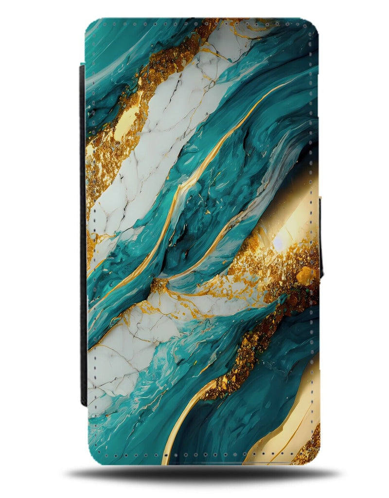 Turquoise Green and Gold Marble Flip Wallet Case Glitter Printed Effect CX69