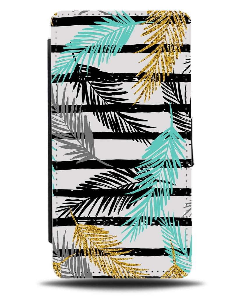 Retro Palm Tree Leaves Flip Wallet Case Neon Green Gold Printed Glitter AQ82