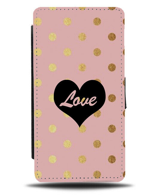 Pink and Gold Polka Dot Flip Cover Wallet Phone Case Golden Love Heart A560