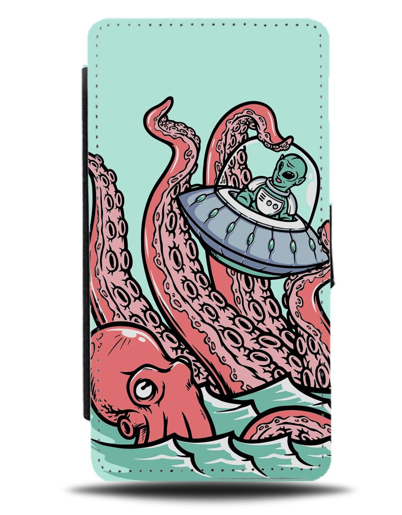 Octopus Attacking UFO Cartoon Flip Wallet Case UFOs Funny Conspiracy Theory DE93