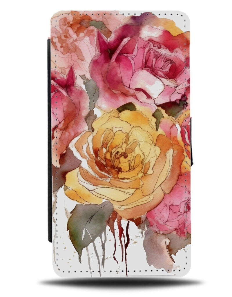 Hot Pink and Gold Floral Roses Flip Wallet Case Rose Flowers Oil Painting AT76