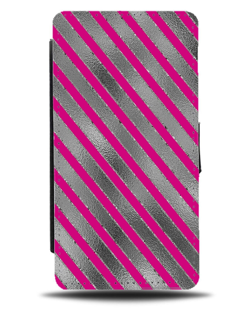Hot Pink and Silver Stripe Flip Wallet Case Foil Printed Print Design Girls BA79
