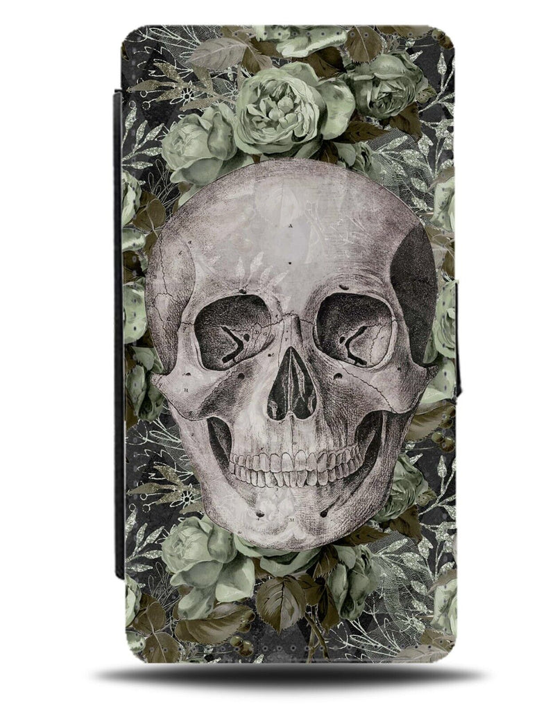 Floral Skull Flip Wallet Case Goth Gothic Head Flowers Flower Green Emerald AM69