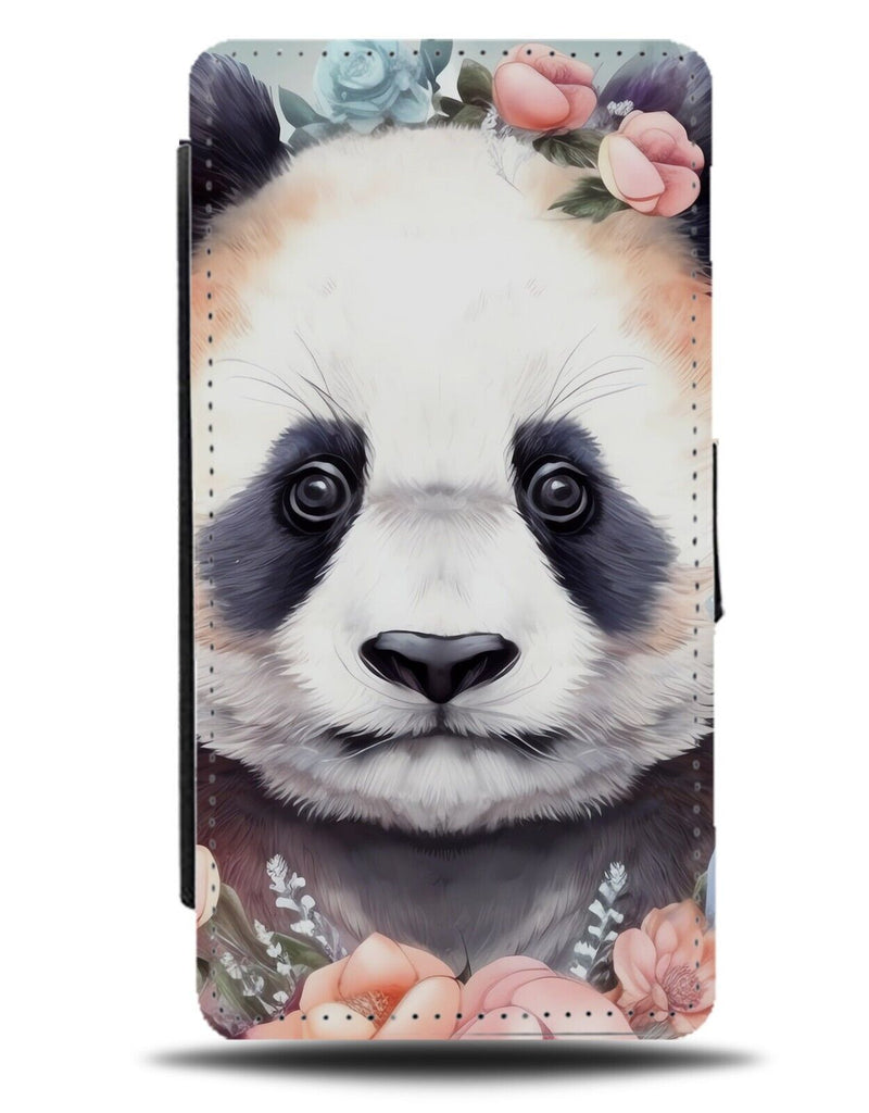 Flower Crown Panda Flip Wallet Case Pandas Face Sad Eyes Flowery Print Bear BF91