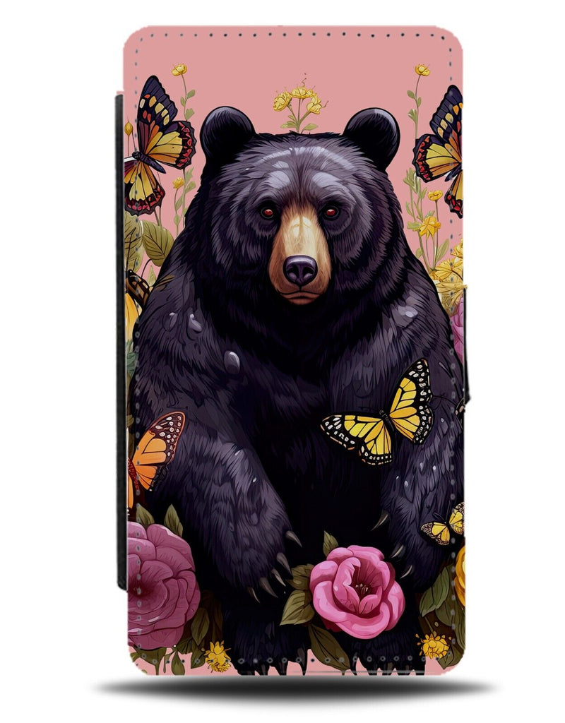 Big Black Bear In Flowers Flip Wallet Case Floral Bears American European CZ19