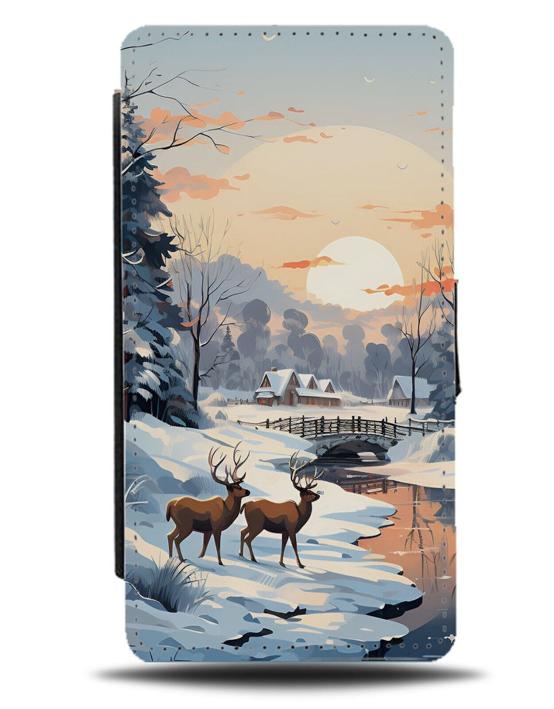 Snowy Scene Flip Wallet Case Christmas Card Reindeer Deers Snow Reindeers DE28