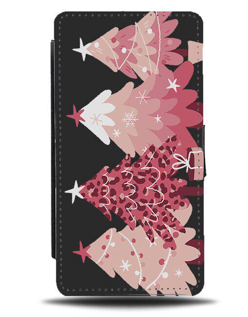 Womens Pink Festive Flip Wallet Case Woman Girly Christmas Trees Xmas Female 938