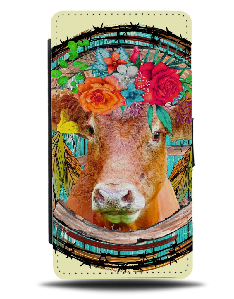Cow In Flower Crown Flip Wallet Case Funny Novelty King Queen Animal Yellow BG44