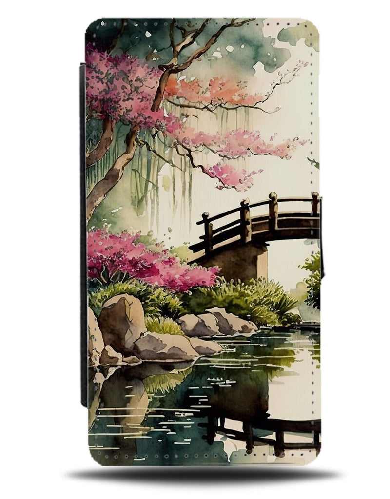Oil Painting Bridge Gardens Flip Wallet Case Garden Japanese Art Artwork Be07