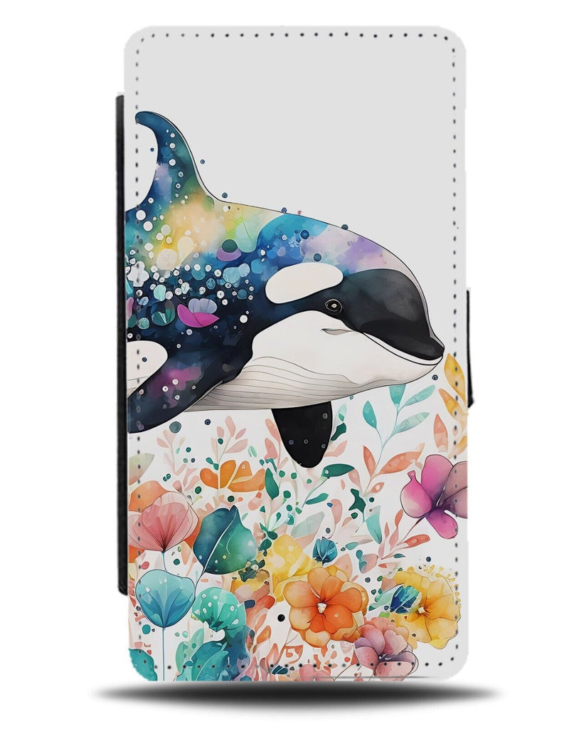 Flowery Killer Whale Flip Wallet Case Orca Orcas Girly Girls Whales Black AX57