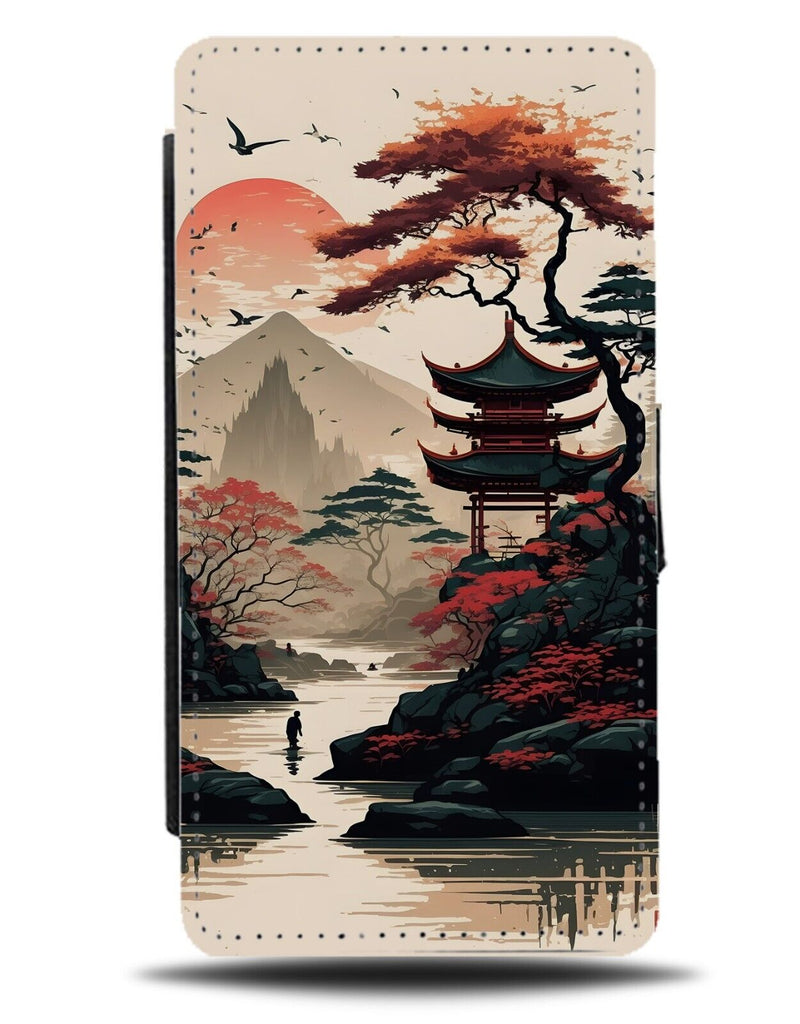 Traditional Japanese Garden Scene Flip Wallet Case Landscape Nature Temple BG81