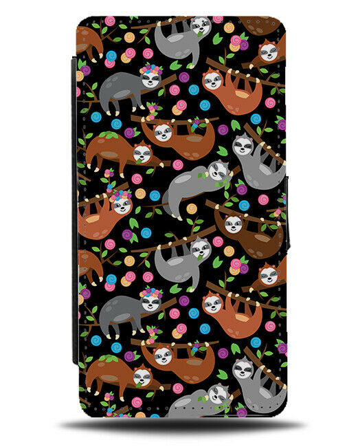 Dark Black Sloth Pattern Flip Wallet Case Sloths Kids Childrens Colourful G125