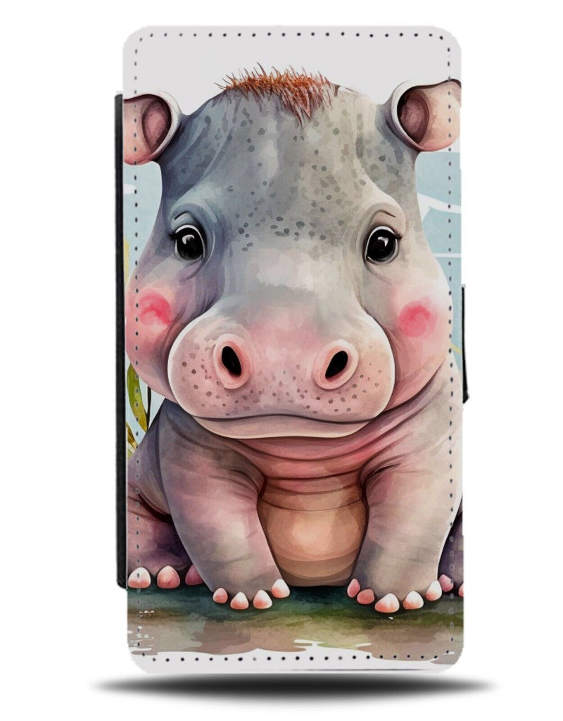 Funny Watercolour Hippo Flip Wallet Case Hippos Face Baby Tiny Kid Painting BF74