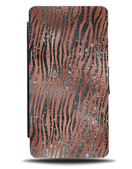 Glittery Tiger Print Flip Wallet Case Glitter Printed Design Rose Gold Skin G026