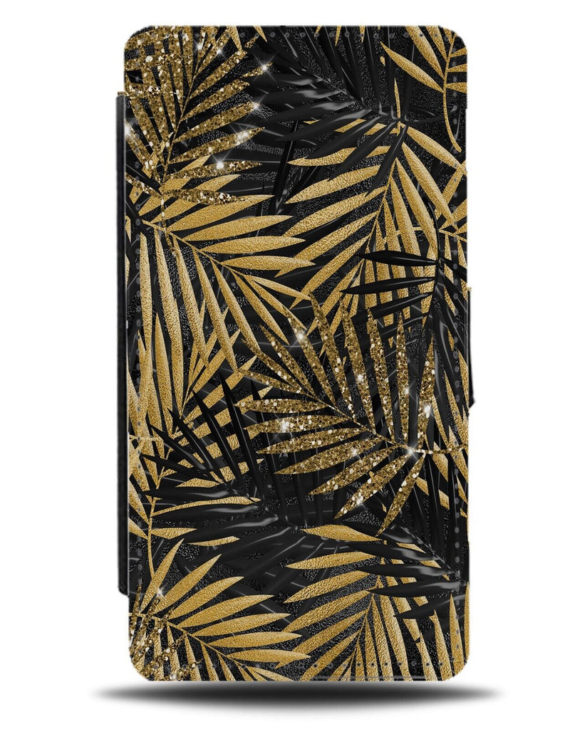 Gold Glitter Printed Design Palm Tree Leaves Flip Wallet Case Lead Jungle AE16