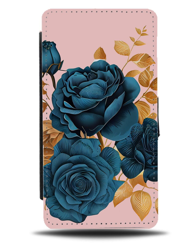 Teal and Gold Roses Flip Wallet Case Rose Flowers Floral Colour Coloured BB74