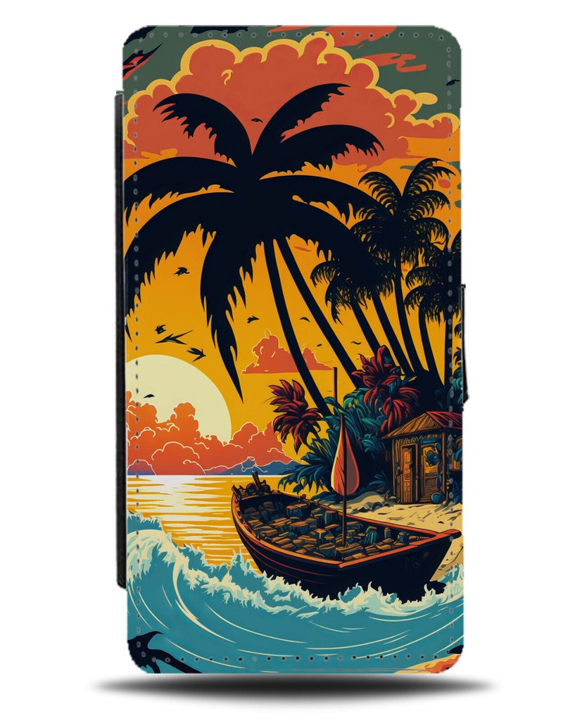 Retro Sailing Boat Sunrise Flip Wallet Case Beach Beaches Paradise Cartoon BZ55