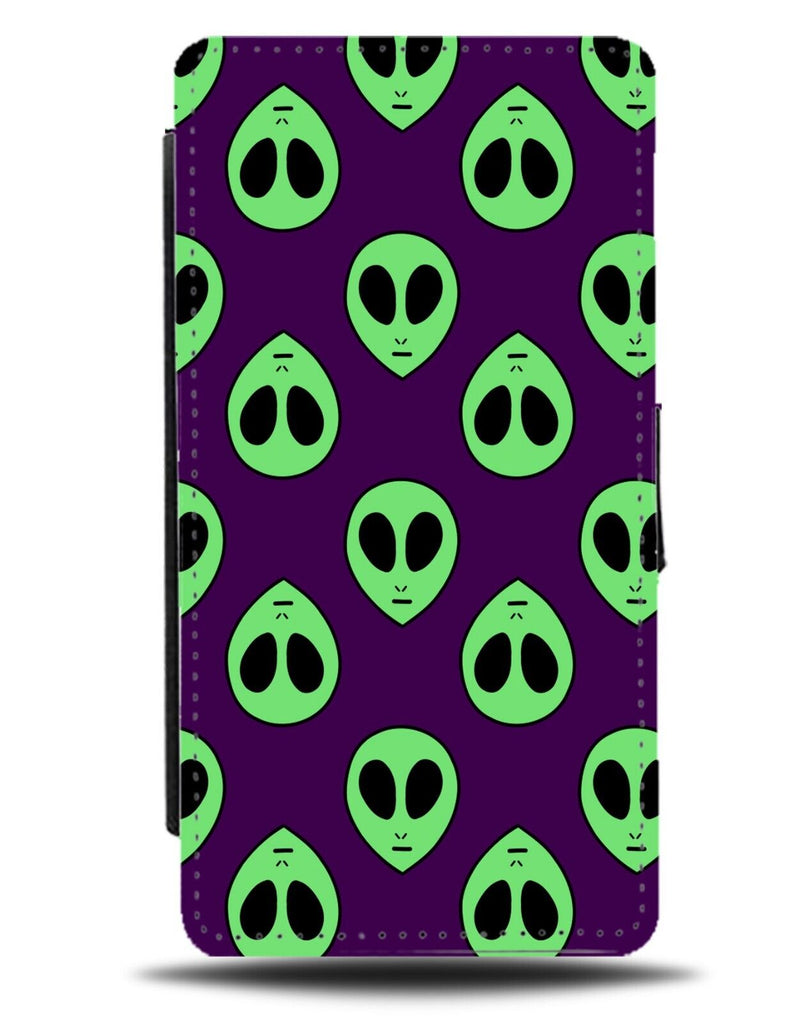 Aliens Faces Flip Wallet Case Face Neon Green Heads Head Big Black Eyes AY86