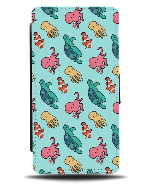 Cartoon Sealife Flip Wallet Case Sea Life Marine Ocean Octopus Turtles Kids E696