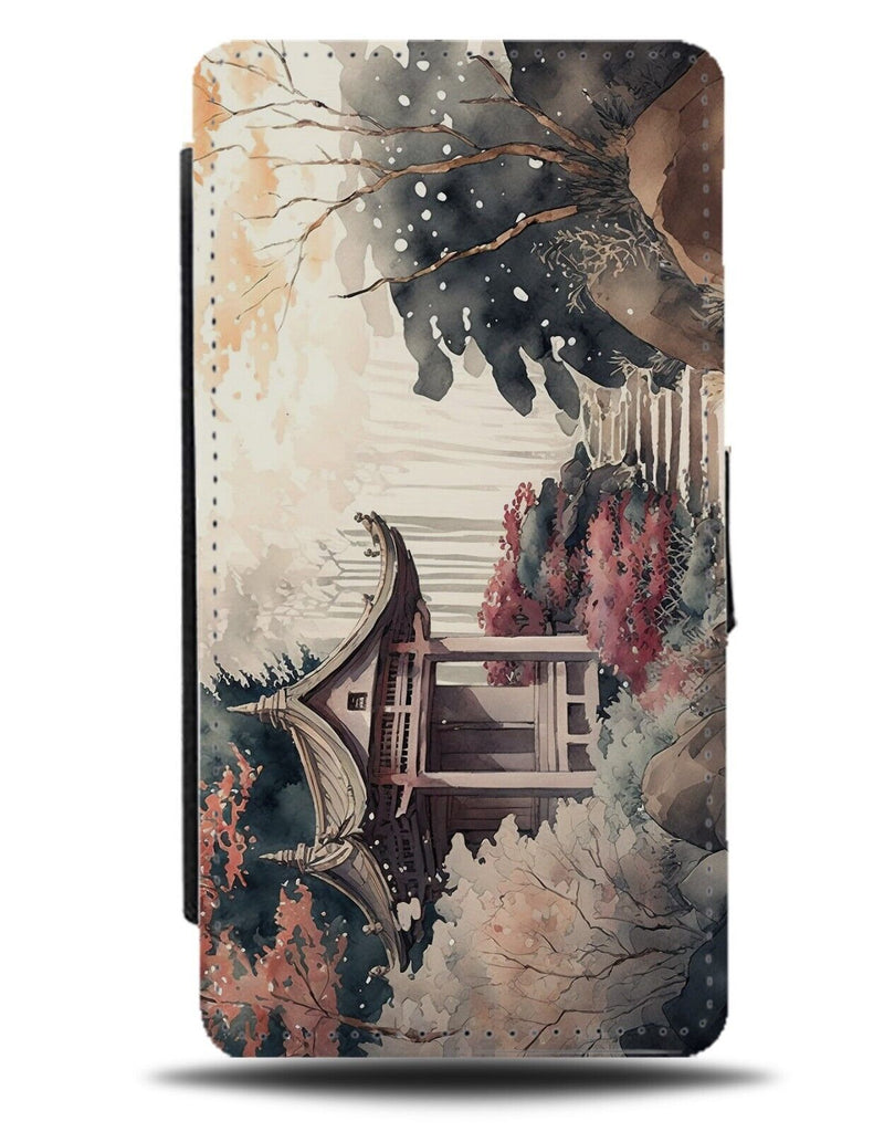 Traditional Oriental Gardens Painting Flip Wallet Case Trees Temple Shrine BE09
