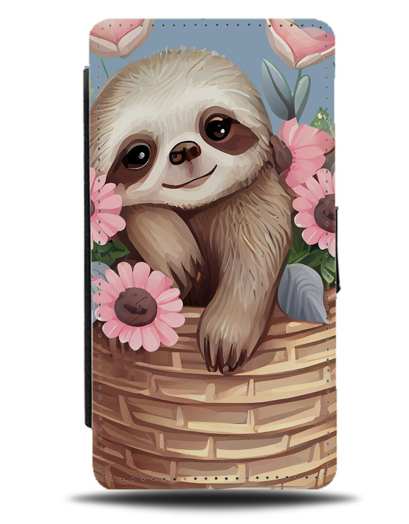 Baby Sloth In Flower Wicker Basket Flip Wallet Case Sloths Flowers Pink AH02