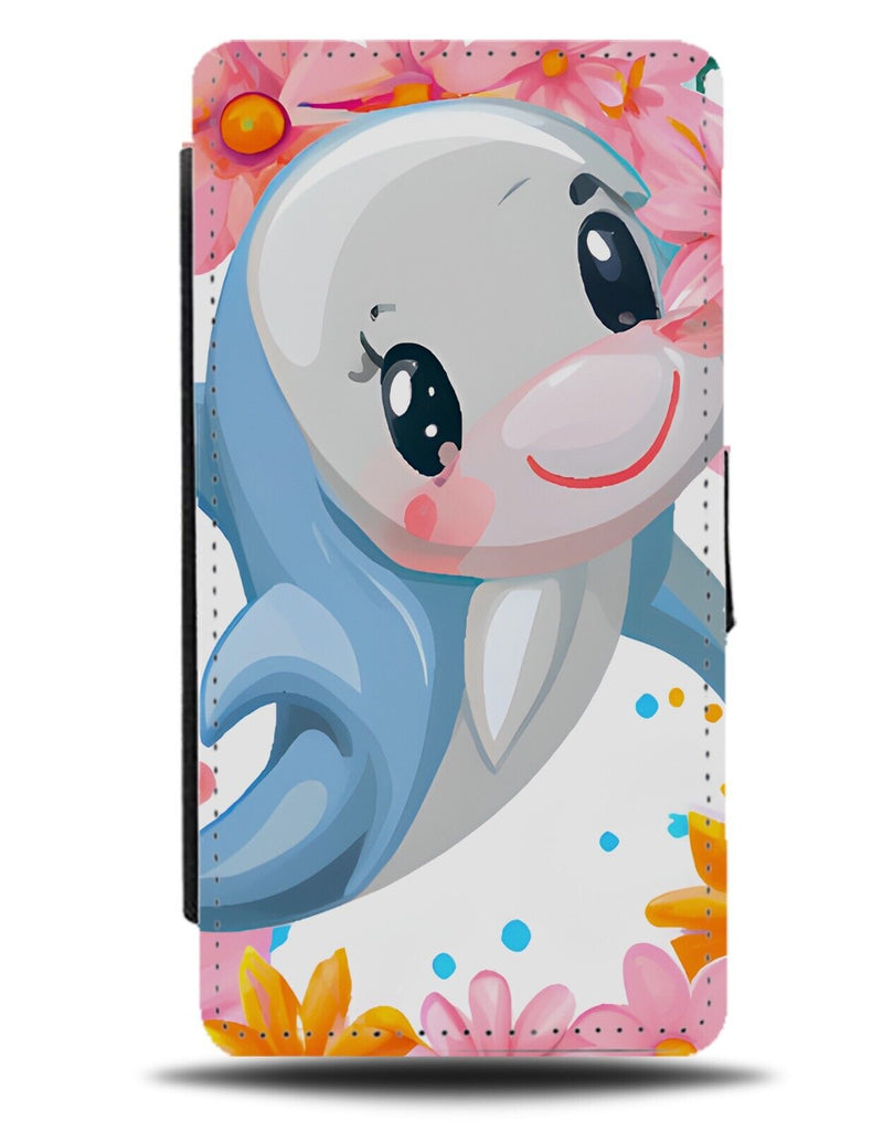 Cartoon Dolphins Face Flip Wallet Case Dolphin Funny Girls Pink Flowers AL45