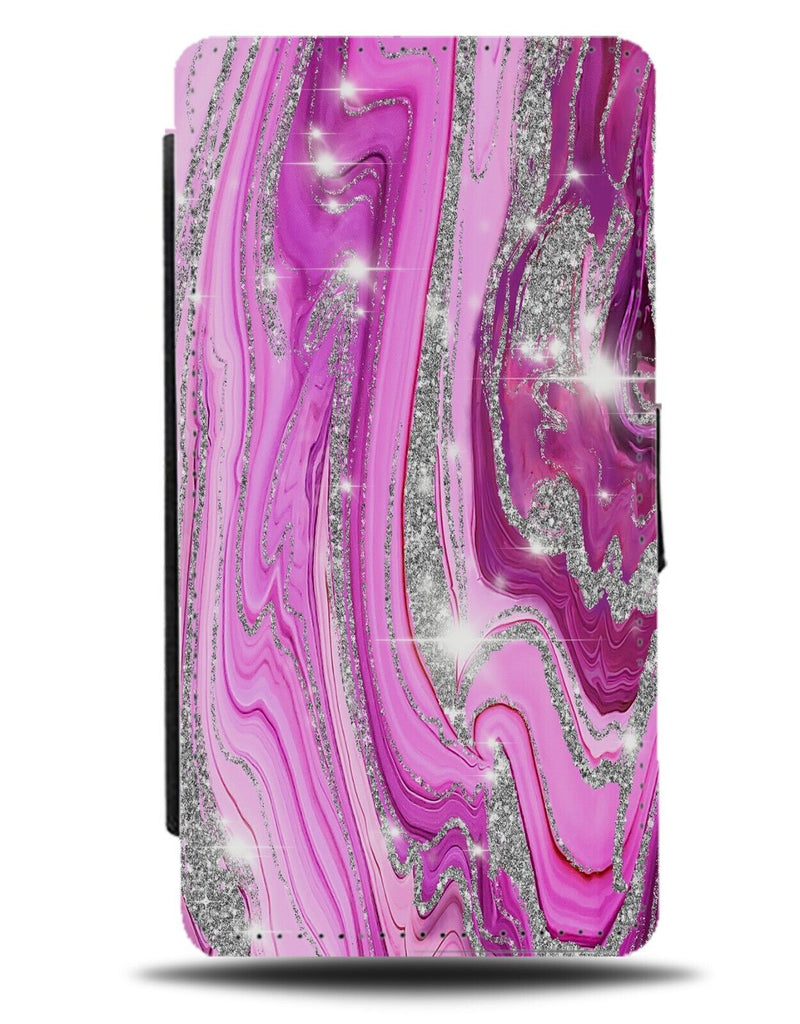 Melting Pink Silver Glitter Printed Marble Design Flip Wallet Case Swirls CJ50