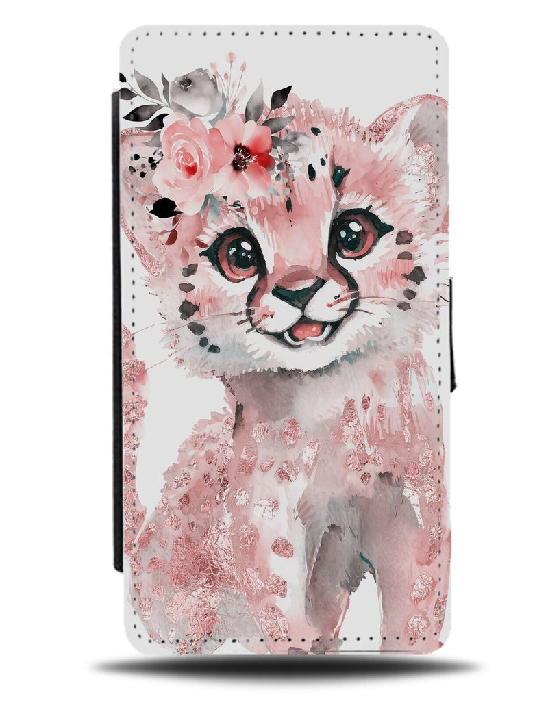 Hand Drawn Leopard Cub Print Flip Wallet Case Baby Rose Gold Flower Crown CC40