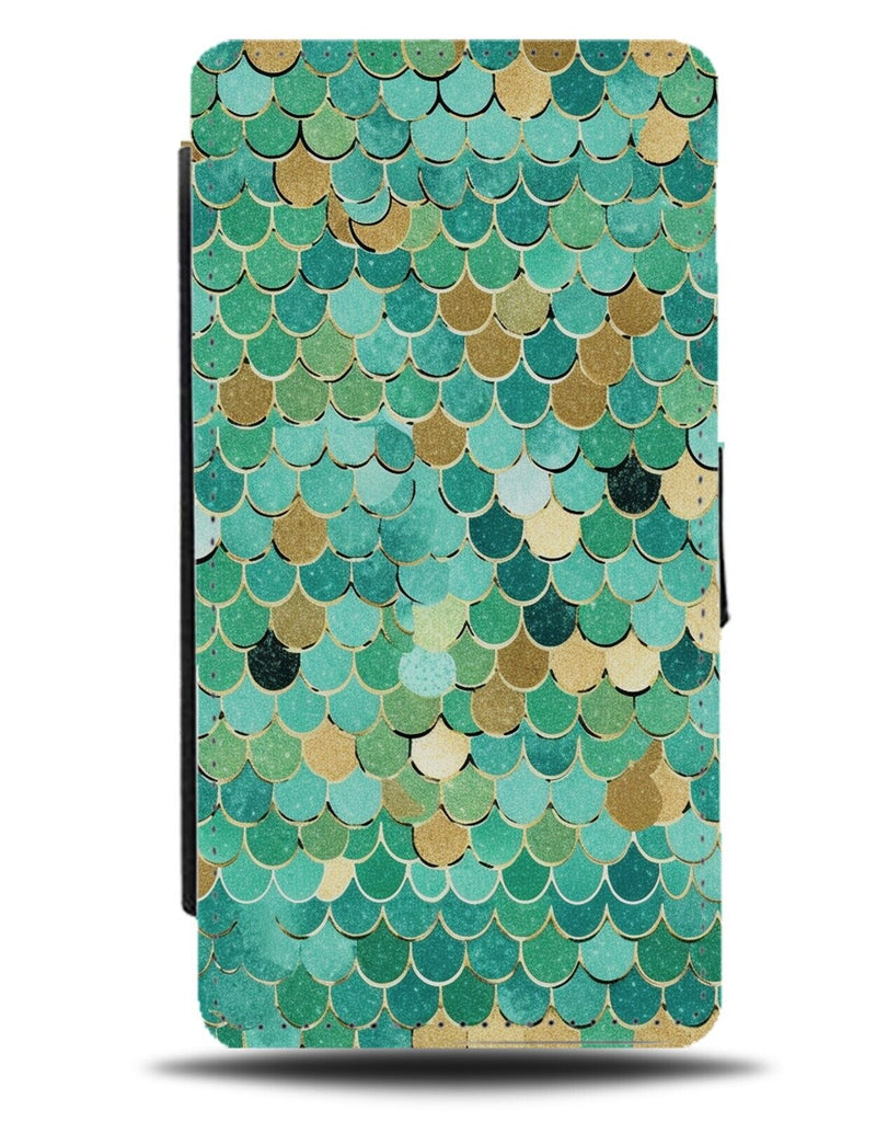 Turquoise Green and Gold Fish Scales Print Flip Wallet Case Mermaid Tail CH35