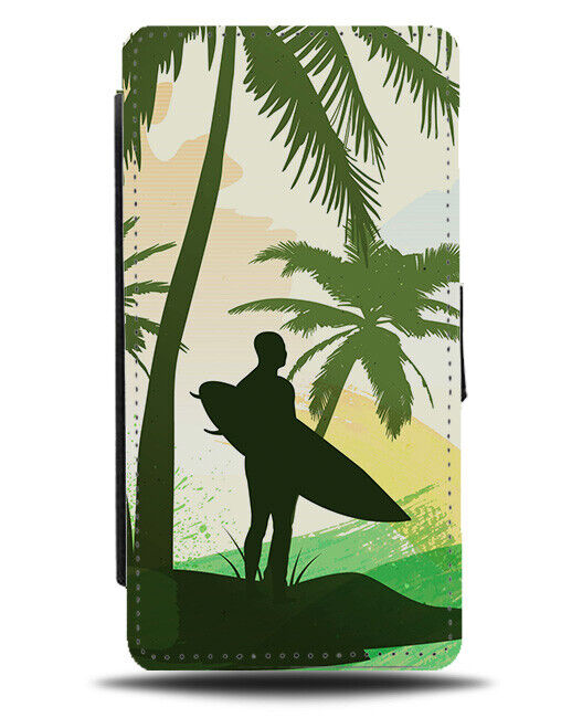 Stylish Surfer Dude Silhouette Outline Flip Wallet Case Palm Trees Picture K318