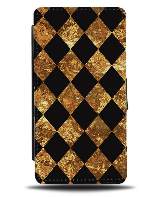 Black and Gold Chequers Flip Wallet Case Diamonds Chequered E863