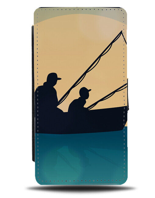 Father Son Fishing Silhouette Flip Wallet Case Lake River Boat Night J362