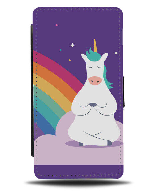 Yoga Unicorn Flip Wallet Case Meditating Meditation Pose Praying Rainbow K413