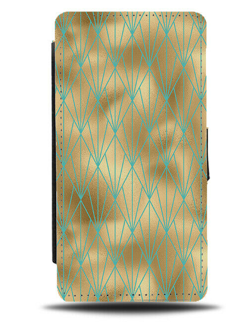 Golden Flip Wallet Case With Turquoise Green Netting Geometric Style Design G276