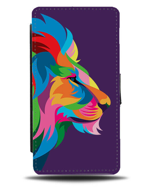 Dark Purple Colourful Lion Popart Flip Wallet Case Lions Head Mane Violet H963