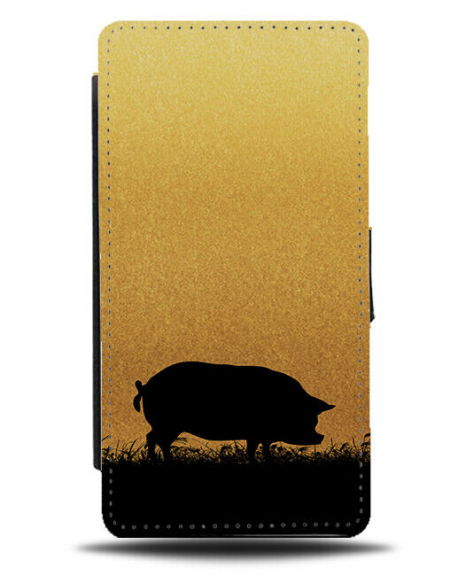 Pig Silhouette Flip Cover Wallet Phone Case Pigs Gold Golden Black Coloured I003