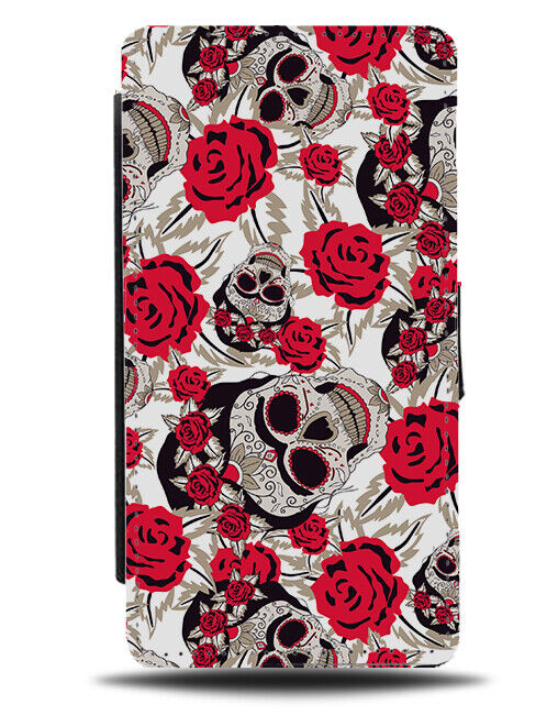 Womens Day Of The Dead Skulls and Flowers Flip Wallet Case Skull Roses Red E625