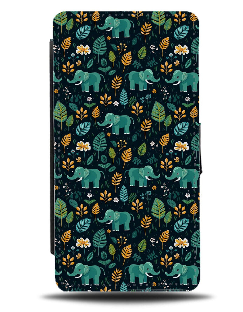 Elephants In The Jungle Pattern Flip Wallet Case Leaves Forrest Elephant CG38