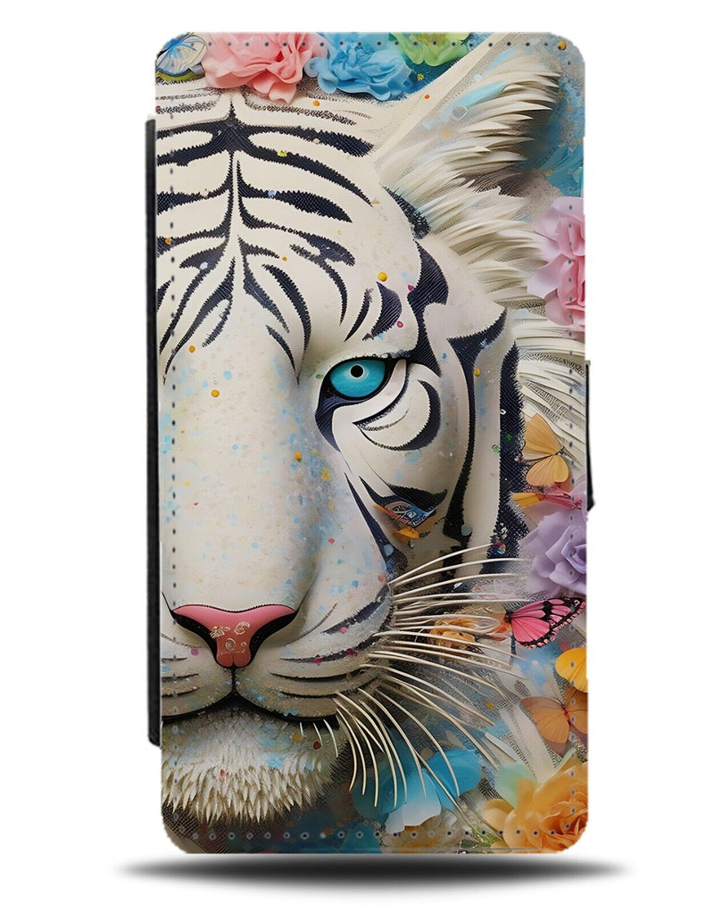 Floral White Tigers Face Flip Wallet Case Tiger Head Face Pastel Floral DH15