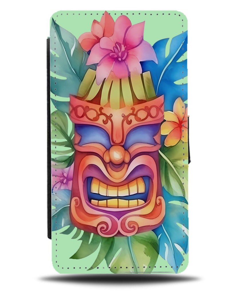 Hawaiian Flowers Tiki Mask Style Flip Wallet Case Classic Look Hawaii Man DA66