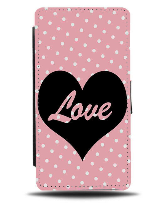 Love Heart Silhouette Flip Cover Wallet Phone Case Polka Dot Pink Black A324