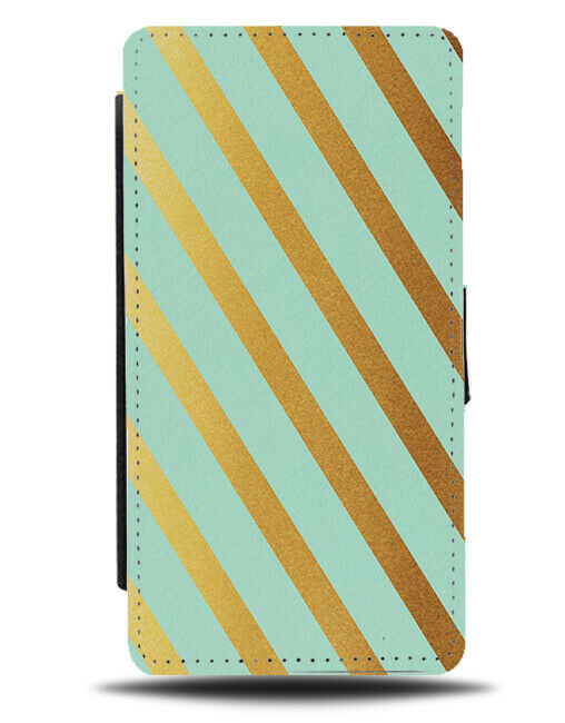Mint Green and Gold Stripey Flip Cover Wallet Phone Case Stripes Golden i873