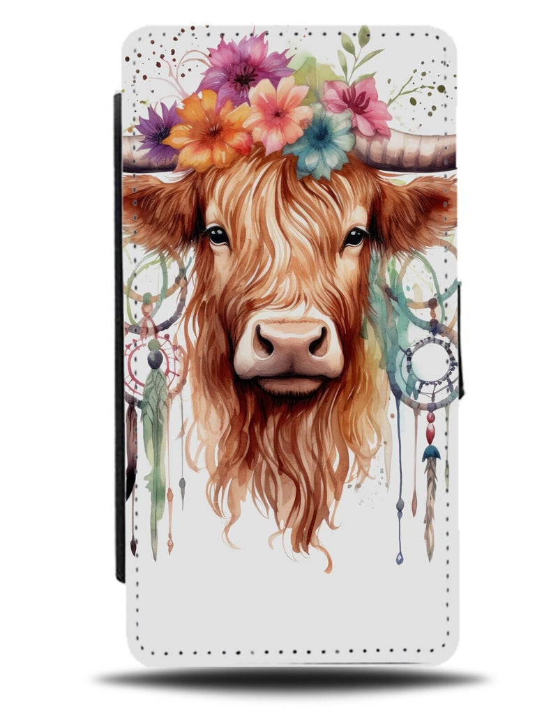 Floral Boho Scottish Highland Cow Flip Wallet Case Native American Cows CH95
