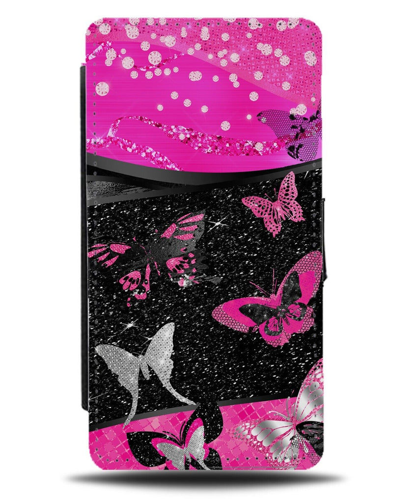 Black Lace and Hot Pink Butterfly Print Flip Wallet Case Printed Picture AE37