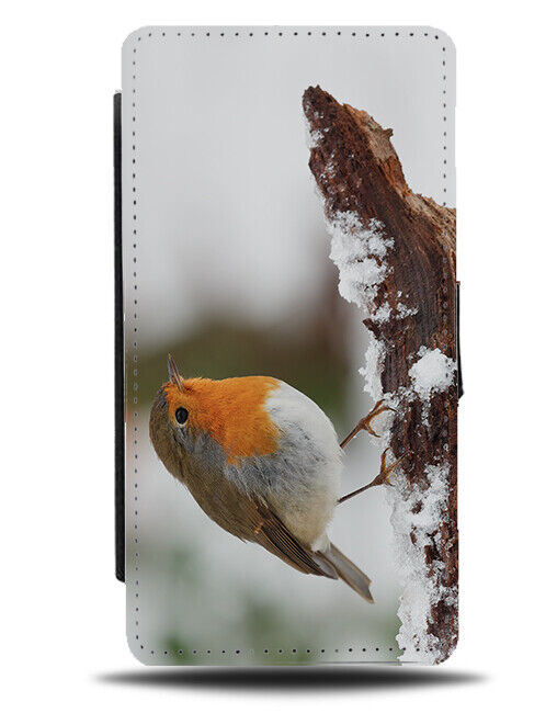 Robins Flip Wallet Case Landscape Bird Photograph Christmas Snow Tree Snowy N894
