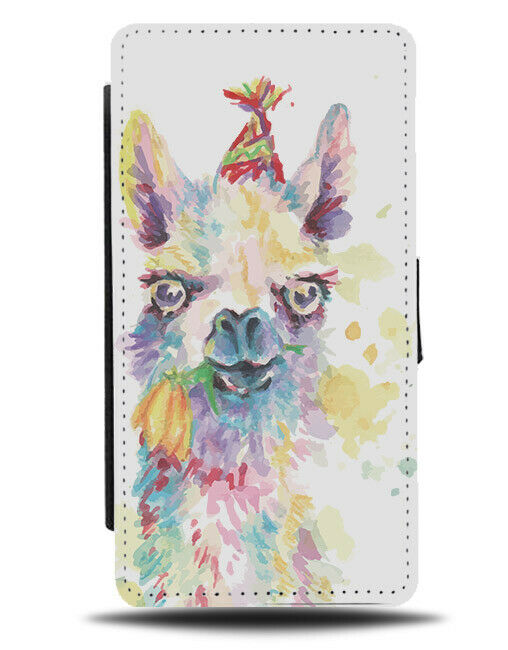 Oil Painting Llama Print Flip Wallet Phone Case Alpaca Birthday Party Hat E402